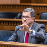 Sen. Curtis King discusses transportation issues during a news conference.